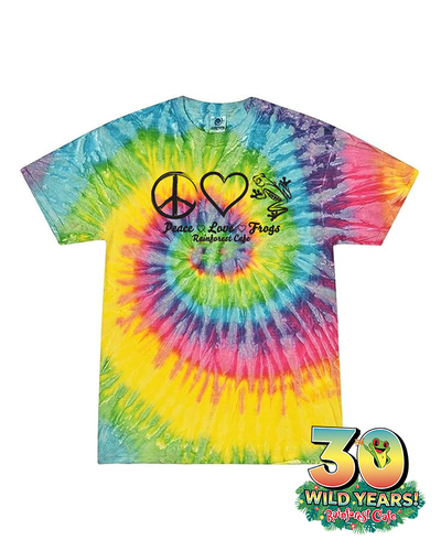 A colorful tie-dye t-shirt featuring a peace symbol, heart, and two frogs with the text ‘Peace Love Frogs Rainforest Cafe.’ The shirt also includes a logo celebrating ‘30 Wild Years!’ of Rainforest Cafe, with vibrant spirals of blue, green, yellow, and red colors.