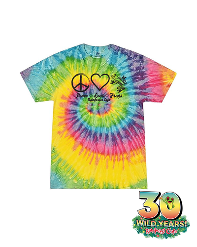 A colorful tie-dye t-shirt featuring a peace symbol, heart, and two frogs with the text ‘Peace Love Frogs Rainforest Cafe.’ The shirt also includes a logo celebrating ‘30 Wild Years!’ of Rainforest Cafe, with vibrant spirals of blue, green, yellow, and red colors.
