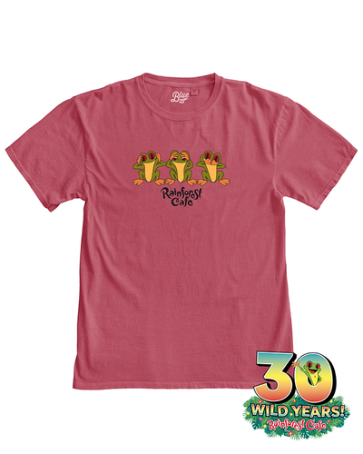 papaya tee with three cha cha tree frog. From left to right, one is covering the ears, then the eyes and then thr mouth. underneath says rainforest cafe.