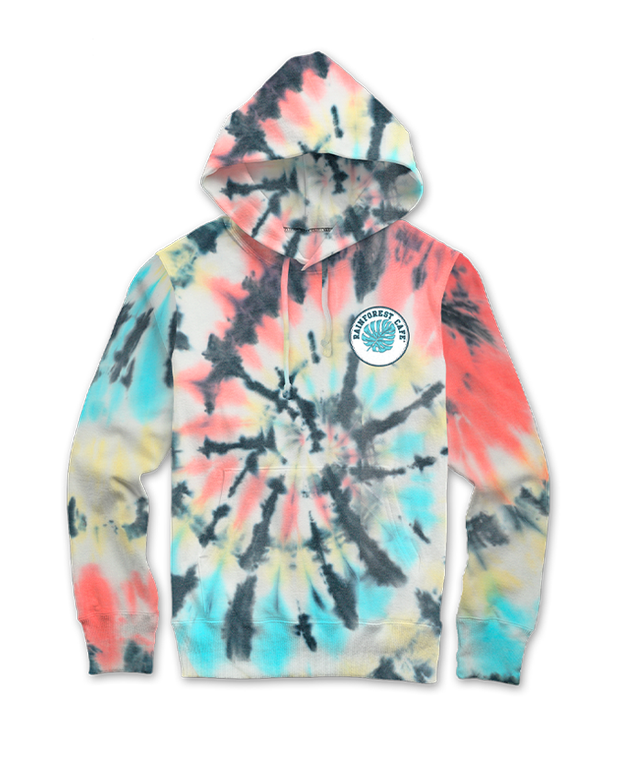 A colorful tie-dye hoodie with a vibrant mix of pink, blue, and yellow patterns, featuring a circular logo on the left chest area that has a palm leave and reads 'Rainforest Cafe'.