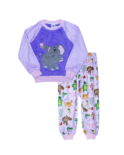 purple rainforest pajama set. top has darker shade of purple on chest with a fuzzy material and embroidered image of tuki the elephant. Pants have images of all rainforest cafe characters.