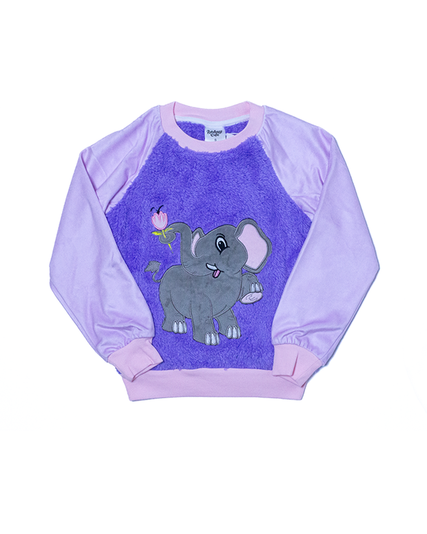 purple rainforest pajama set. top has darker shade of purple on chest with a fuzzy material and embroidered image of tuki the elephant.