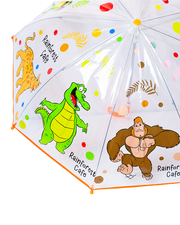 A zoomed in view of a transparent umbrella featuring cartoon animal, dots and leaves, cartoon animal characters and the text "Rainforest Cafe" on each triangle. The background is plain white.