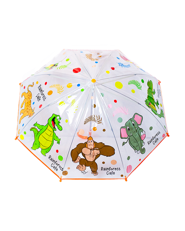 An overhead view of a transparent umbrella featuring cartoon animals such as a gorilla, elephant, and crocodile. There are also dots and leaves, cartoon animal characters and the text "Rainforest Cafe" on each triangle. The background is plain white.