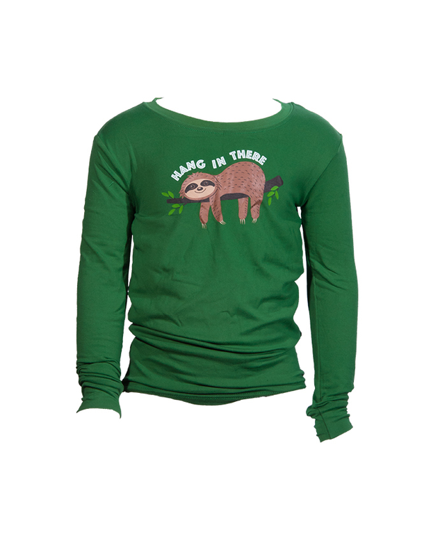 Green long-sleeve tee with cartoon sloth laying on branch along with words "Hang In There" in white.