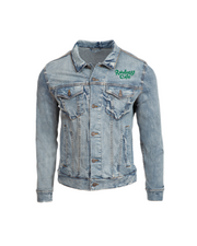 A light blue denim jacket with green embroidered "RAINFOREST CAFE" above the chest pocket. The background is plain white.