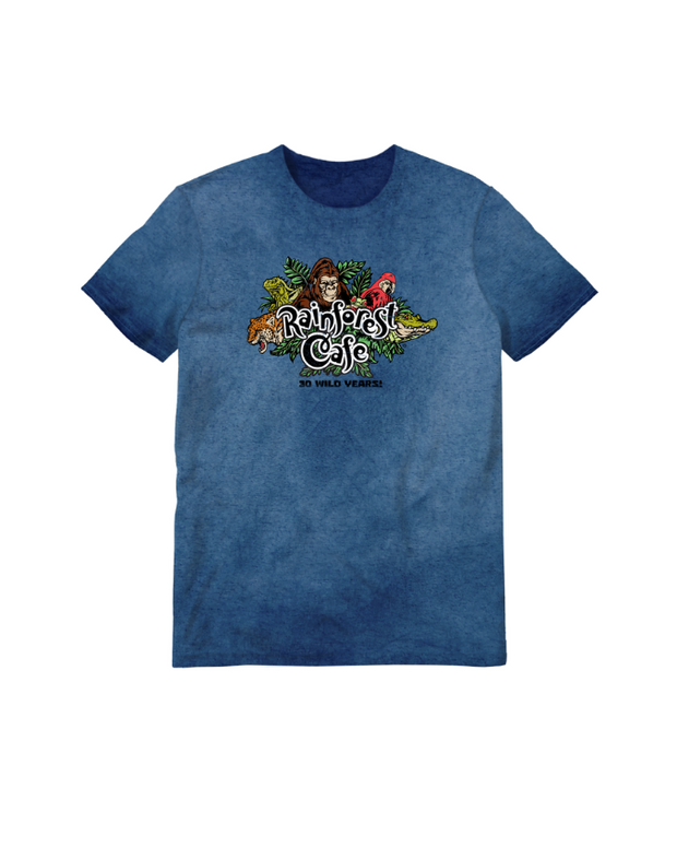 A blue faded shirt with a "RAINFOREST CAFE" logo featuring foliage and jungle animals behind it. The background is plain white.