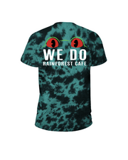 A backside view of a green and black tie-dye shirt with a graphic of red frog eyes, and white bold text reading "WE DO RAINFROEST CAFE". The background is plain white.