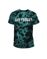 A green and black tie-dye crewneck T-shirt with bold white text reading "GOT FROGS?" in the center. The background is plain white