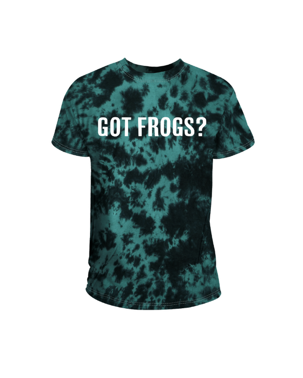 A green and black tie-dye crewneck T-shirt with bold white text reading "GOT FROGS?" in the center. The background is plain white