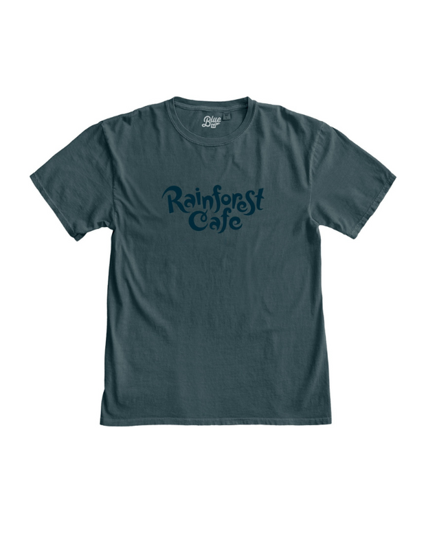 A crewneck T-shirt with "RAINFOREST CAFE" embroidered on the center. The shirt is on a plain white background.