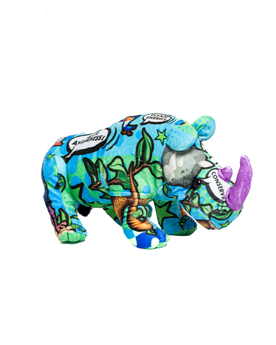 rhino plush with comic bubbles, safari animals, and has a purple tusk. 