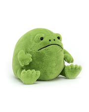 A cute, round plush frog in vibrant green, sitting with a neutral expression and tiny, little limbs. Plush Is set in front of a white background.