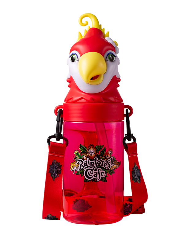 A whimsical children’s drink container designed to resemble a cartoonish red and white bird’s head, with a clear red body. It features ‘Rainforest Cafe’ branding, complete with colorful animal illustrations, and is equipped with a red strap adorned with rainforest cafe logo for easy carrying. 