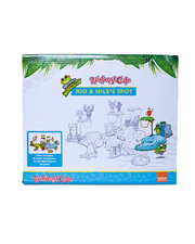 Packaging for Rainforest Cafe's "Rio & Nile's Spot" playset featuring colorful illustrations of characters and scenery from the brand.