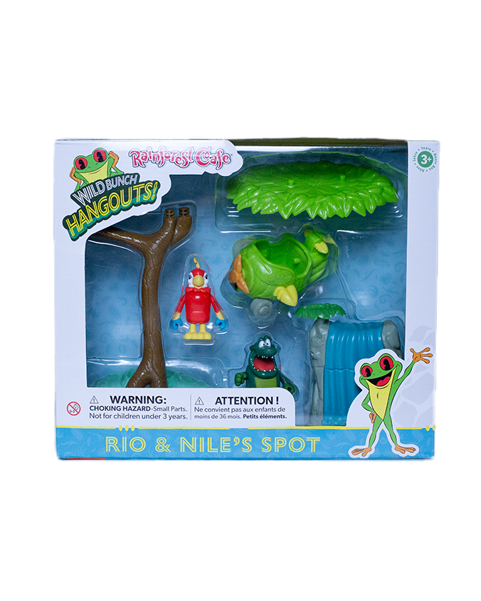 Colorful toy set featuring characters Rio and Nile with accessories like a tree, pond, and helicopter, packaged for children ages 3 and up.