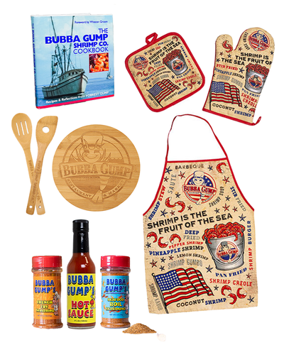 A collection of Bubba Gump branded items including a cookbook, hot sauce bottles, a wooden cutting board, wooden spoons, an apron, and oven mitts.