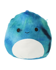 Tie dye blue Squishmallow named Stahl the Dino, who has a smiling face