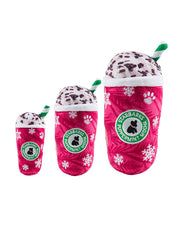 Three plush dog toys designed to resemble Starbucks coffee cups, in descending size order. All are labeled ‘Starbarks Puppermint Mocha’ with a green circular design. All three toys have a white whipped cream top with brown spots and a green straw sticking out. 