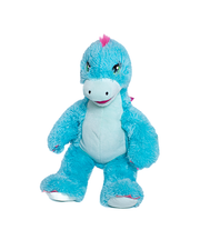 turquoise stegasourus sitting down waving. she has bright pink accents.