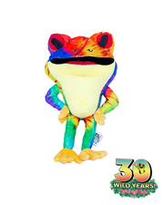 tie dye tree frog plush. plush is standing with arms on hips