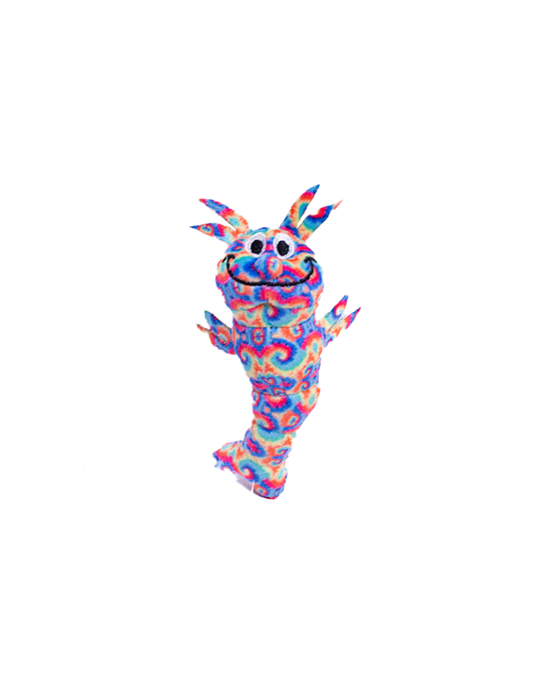 Mini tie dye Shrimp Louis plush with yellow, blue, red hues against a white background.