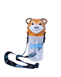 A clear cylindrical water bottle with a blue "AQUARIUM, AN UNDERWATER DINING ADVENTURE", in the center, tiger head lid, and a black lanyard attached with blue text along it. The background is plain white.