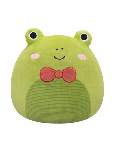 The image features a cute, green plush toy frog with a round body, big eyes, and a smiling face. It has rosy cheeks, a red bowtie, and a ribbed texture on the lower part of its body, giving it a charming and amiable appearance.