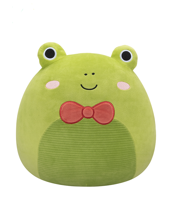 The image features a cute, green plush toy frog with a round body, big eyes, and a smiling face. It has rosy cheeks, a red bowtie, and a ribbed texture on the lower part of its body, giving it a charming and amiable appearance.