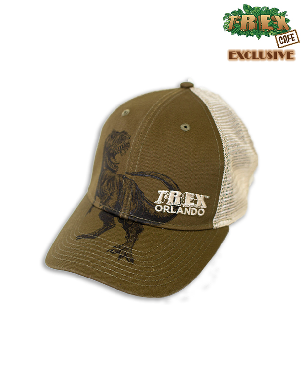 Earth tone-colored mesh-back cap with T-Rex drawing and embroidered T-Rex Cafe logo
