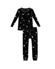 Graphic design illustration of all black pajama set with cartoon galaxy patterns