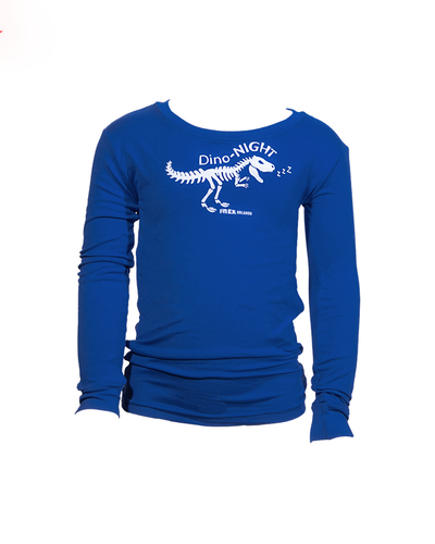 Blue long sleeve tee with dinosaur skeleton that says 'Dino-NIGHT".