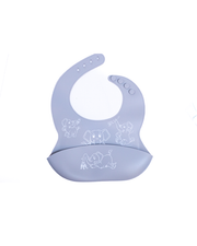 A light grey silicone baby bib with an adjustable neck fastening, featuring charming line drawings of playful elephants. The bib includes a deep, wide front pocket designed to catch food spills, set against a clean white background.