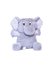 A soft, grey plush toy elephant with large floppy ears lined with a white and grey chevron pattern, sitting against a white background. The elephant’s big black eyes give it an animated expression, and its textured fabric fur adds to its cuddliness.