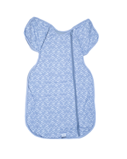 A light blue baby swaddle with a zigzag pattern, designed to comfortably wrap around a baby’s body. It features small sleeves or arm flaps at the top and a convenient zipper down the middle for easy use. The swaddle is presented against a white background, highlighting its calming color and design.