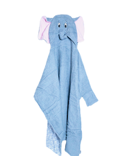 A soft, plush towel unfolded to resemble a cute elephant with pink ears and a blue body. The towel features black eyes and a long trunk, showcasing intricate folding that mimics an elephant’s facial features, set against a white background.