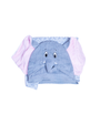 A soft, plush towel folded to resemble a cute elephant with pink ears and a blue body. The towel features black eyes and a long trunk, showcasing intricate folding that mimics an elephant’s facial features, set against a white background.