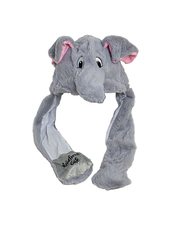 Grey Tuki the Elephant plush hat with squeezable ends embroidered with black Rainforest Cafe logo