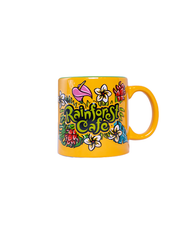 A colorful yellow mug with "RAINFOREST CAFE" written on the front, surrounded by tropical flowers and leaves. 