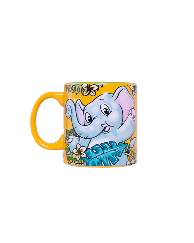 A yellow mug with a posing elephant surrounded by tropical flowers and leaves. 