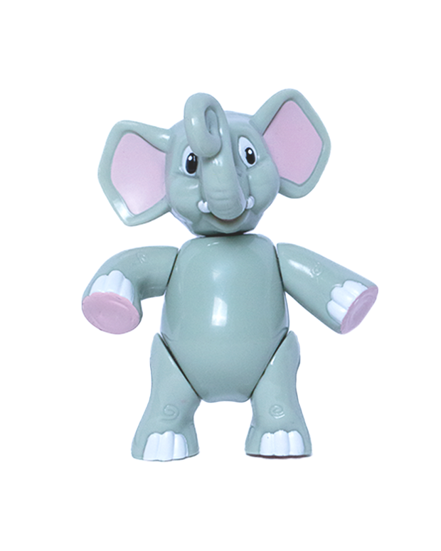 A charming toy elephant with a soft grey body and large ears with pink insides. It features white and pink details on its feet and hands, and it stands upright with its arms extended outward, ready for a playful interaction. The toy’s black, round eyes add a friendly touch to its cartoonish appearance. Set against a plain white background, the toy elephant’s colors and details are highlighted.