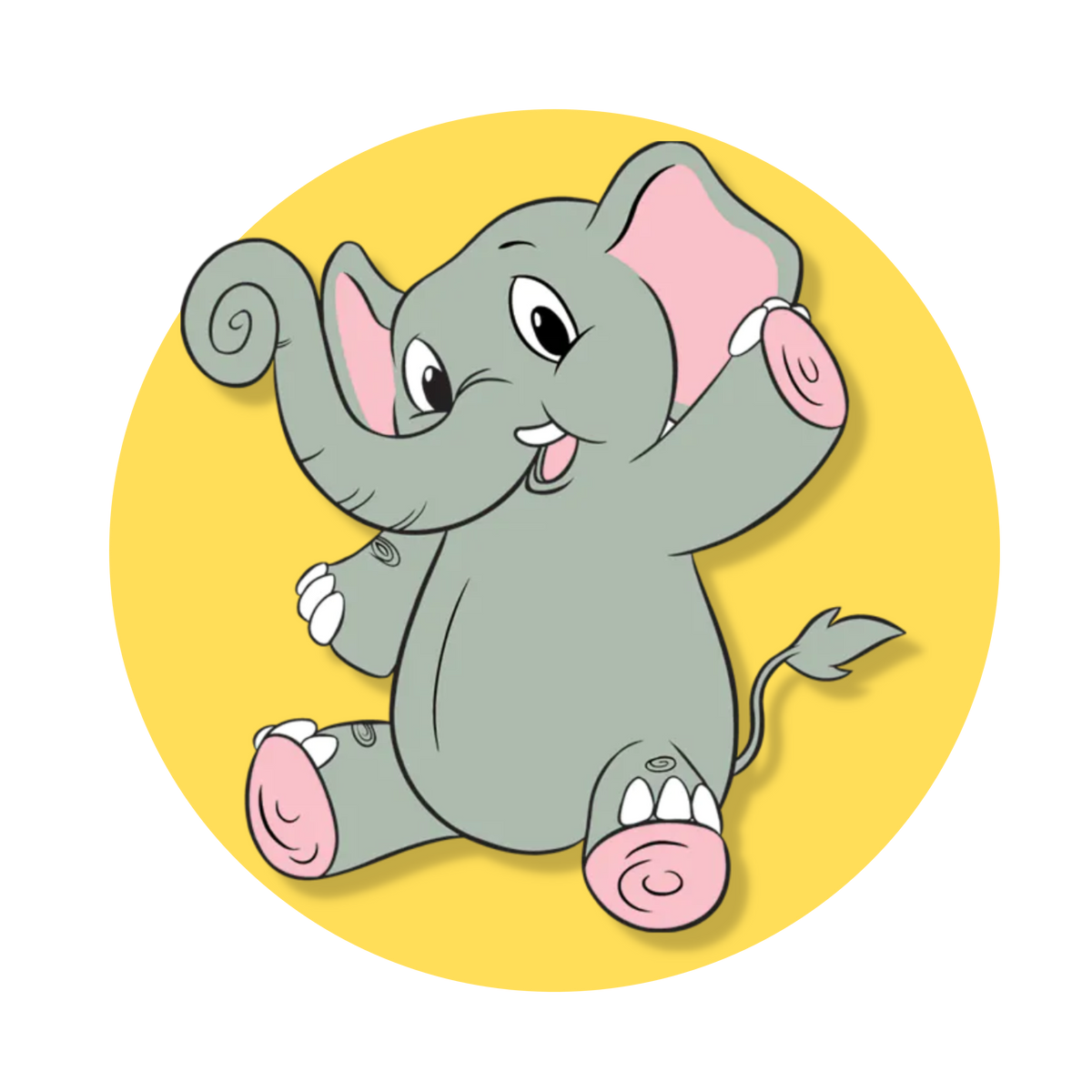 a charming illustration of a gray elephant sitting down with its legs spread out. It has large pink ears and a long trunk raised upwards, giving off a playful vibe with its smiling, open mouth. The background is a solid yellow circle, framing the elephant in a way that enhances its cheerful demeanor.