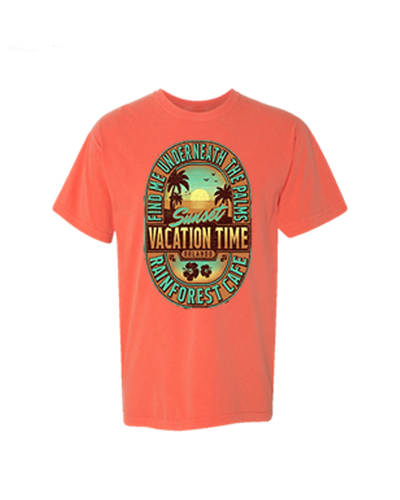 Coral tee with "Find Me Underneath The Palms" and "Sunset Vacation Time" on back.