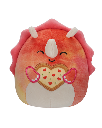 “A triceraptops plush toy with gradients of pink and white, holding a heart-shaped pizza with red heart shaped spots.