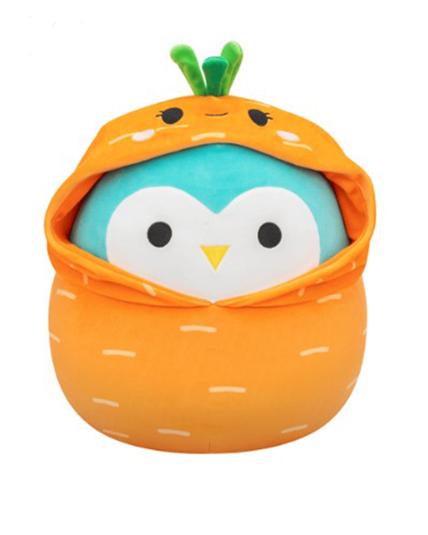 The image features a cute plush toy of a blue penguin peeking out from an orange, carrot-shaped costume with a green stem on top. The penguin has big white eyes with black pupils, and the carrot pouch has white stitching details.