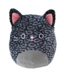 A plush cat-shaped pillow with black leopard spots, pink inner ears, and a cute smiling face, offering a cozy, whimsical decor element.