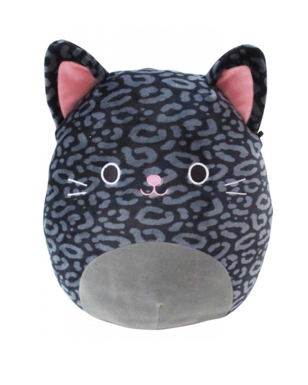 A plush cat-shaped pillow with black leopard spots, pink inner ears, and a cute smiling face, offering a cozy, whimsical decor element.