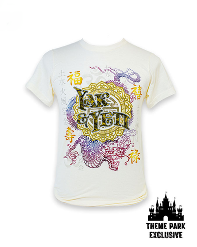 White tee with glittery vibrant design of dragons and Chinese characters with black and "Theme Park Exclusive" tags in corner.