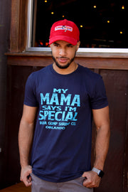 Man wearing limited edition red Bubba Gump cap with "My Mama Says I'm Special" tee from Bubba Gump.
