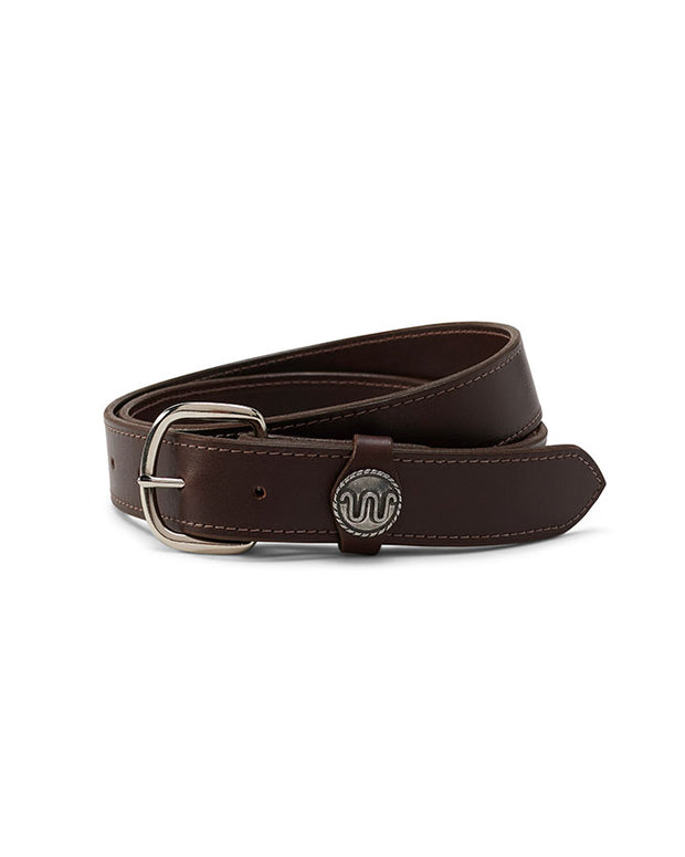 Brown leather belt with King Ranch branding rolled up in front of white background.